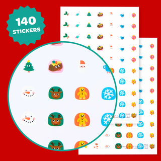 Three sheets of colorful cartoon stickers on a bright red background, with a large circular magnifying inset showing several sticker designs. A teal burst in the top left says '140 STICKERS'.