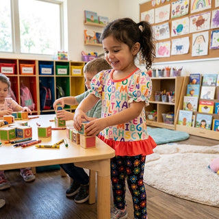 A young girl smiling while playing with colorful wooden blocks on a small table in a bright children's classroom. Other children and classroom shelves are visible in the background.