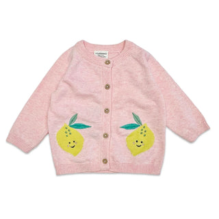 Pink infant toddler cardigan with lemon designs on a pink background