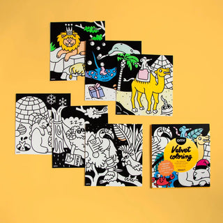 Coloring books with animal illustrations on a yellow background