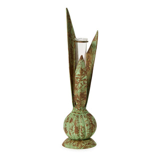 Decorative vase with a textured green and brown finish on a white background